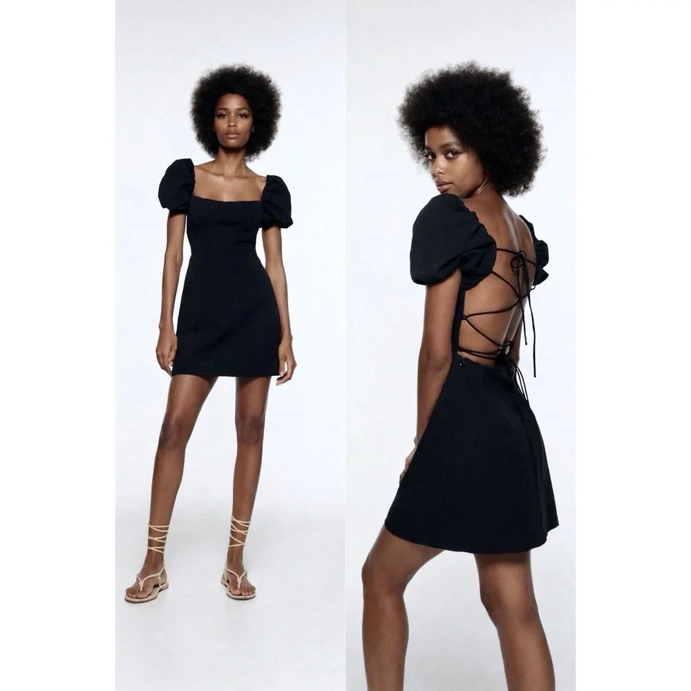 Zara Square Neck Puff Sleeve Lace Up Open Back Babydoll Mini Dress Black Medium